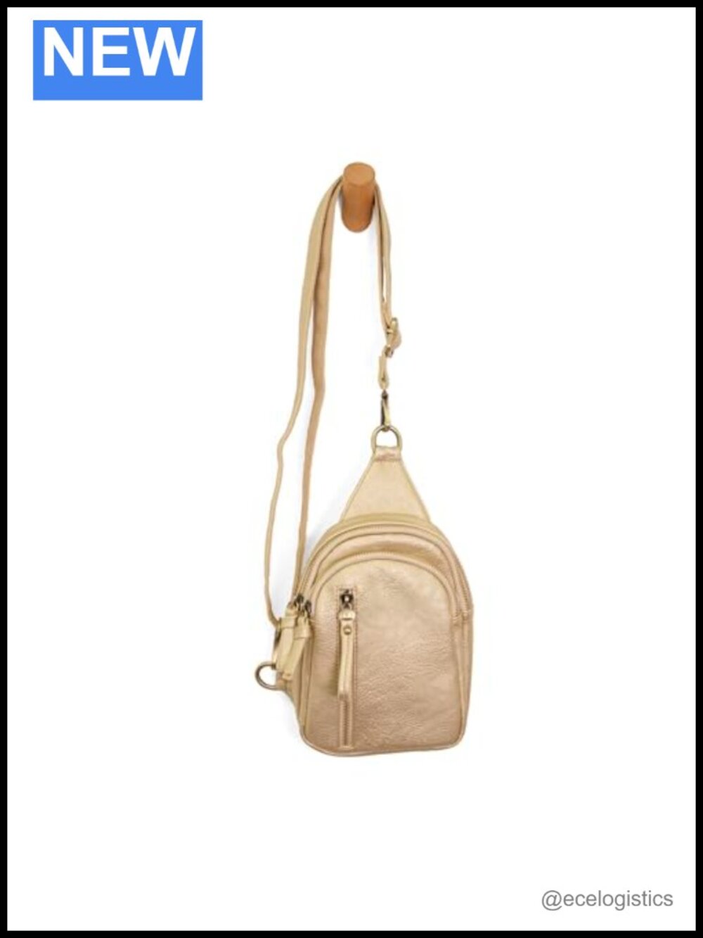 Vegan Leather Sling Crossbody Bag with Zippered Closure and Brass Plated